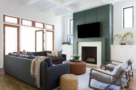 Green Fireplace, Charcoal Sectional, Sectional Living Room Layout, Boutique Interior Design, Boutique Interior, Livingroom Layout, Fireplace Wall, Living Room Sectional, Living Room With Fireplace