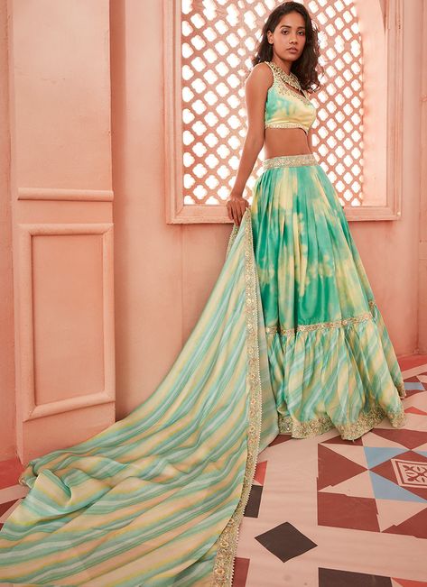 Yellow and Green Tie Dye Lehenga– Lashkaraa Tie Dye Lehenga, Dye Lehenga, Lehenga Choli Designer, Outfit Collection, Green Tie Dye, Traditional Outfit, Green Tie, Yellow And Green, Indian Design