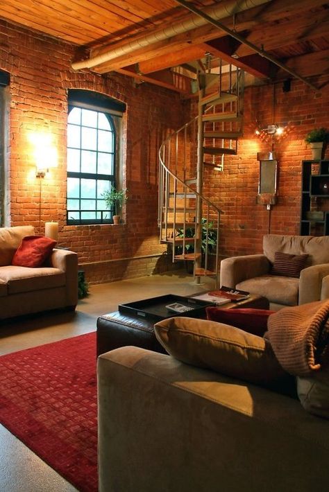 Love this room Brick Apartment, Brick Living Room, Brick Room, Warehouse Living, Brick Interior, Brick Loft, Loft Interiors, Loft Living, Home Building Design