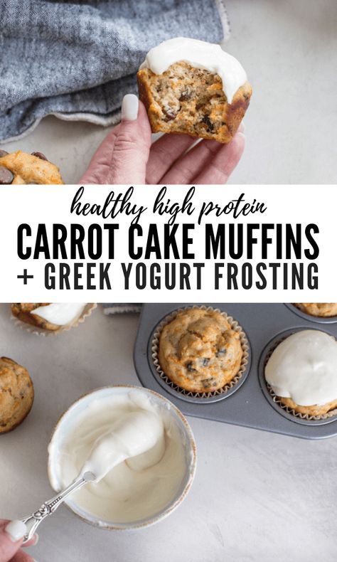 Gluten Free Carrot Cake Muffins, Muffins With Greek Yogurt, Greek Yogurt Frosting, Carrot Cake Frosting, Yogurt Frosting, High Protein Muffins, Gluten Free Carrot Cake, Carrot Cake Muffins, Healthy Carrot Cakes