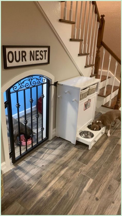 Dog Rooms Under Staircase, Dog Cave Under Stairs, Dog Condo Under Stairs, Built In Dog Kennel Under Stairs, Under Stair Dog Space, Dog Area Under Stairs, Dog Bedroom Ideas, Stairs Dog House, Dog Under Stairs