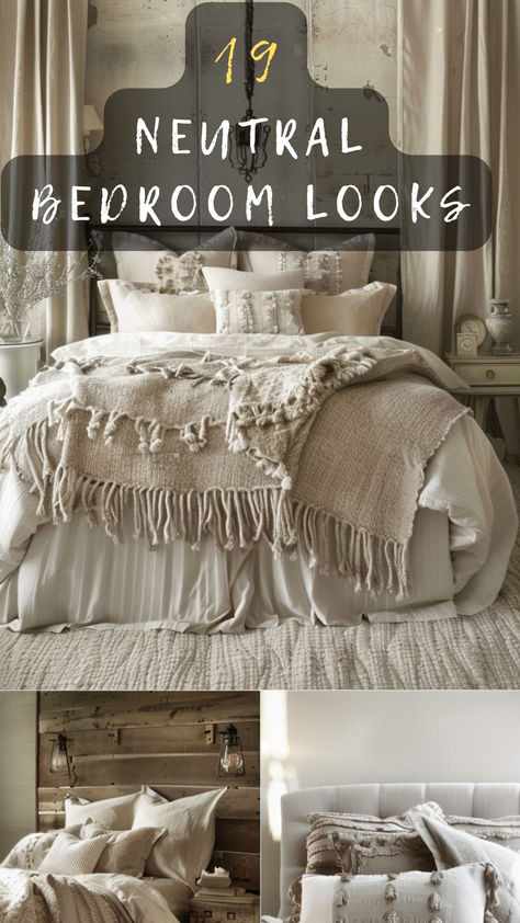 Create a peaceful retreat with these 19 serene neutral bedroom decor ideas. Perfect for a relaxing ambiance, these styles can rejuvenate any space. Click to find your zen! 🛏️🌿✨ #BedroomDecor #NeutralStyle #HomeDesign #PeacefulRetreat #InteriorStyling Neutral Bedroom Comforter Sets, Neutral Queen Bedding, White Beige Bedding, Accessible Beige Bedroom Ideas, Relaxing Master Bedrooms Decor Zen, Peaceful Master Bedrooms Decor, Master Bedrooms Bedding Ideas, Neutral Bedrooms Ideas, Master Bedrooms Neutral