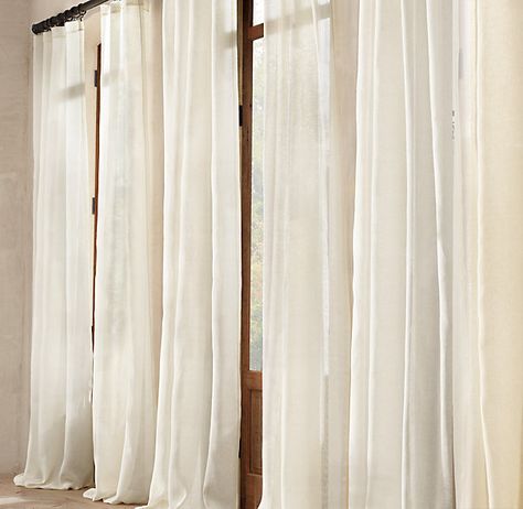 Alright people… See these drapes? They are beautiful right? Flowy, light, long, and perfect.  Of course they had better be for the  $129.99 PER PANEL at Restoration Hardware. I am going to let you in on a little secret,  you can make these same drapes for less than $15.00 for a SET of floor to … Muslin Curtains, Traditional Curtains, Homemade Curtains, Linen Drapery, Ikea Curtains, Yellow Curtains, Cheap Curtains, No Sew Curtains, Burlap Curtains