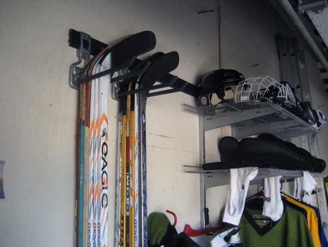 Store hockey equipment - or any sports equipment - easily like this in your garage. #ClosetMaid Garage Hockey Stick Storage, Hockey Stick Rack, Hockey Garage, Hockey Gear Storage, Hockey Stick Storage, Hockey Equipment Drying Rack, Hockey Equipment Storage, Hockey Storage, Hockey Organization