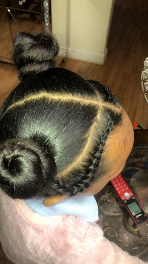 Two buns with braids 2 Buns With Braids, Two Buns With Braids, Two Braids Into Bun, Buns With Braids, Four Braid, Donut Bun Hairstyles, Black Kids Braids Hairstyles, Two Buns, Kid Hairstyles