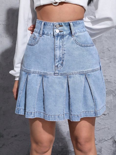 SHEIN EZwear Women's Denim Skirt With Pleated HemI discovered amazing products on SHEIN.com, come check them out! Womens Denim Skirts, Denim Skirt Women, Denim Skirts, Denim Style, Kids Beachwear, Amazing Products, Denim Fashion, Denim Women, Women Clothes Sale