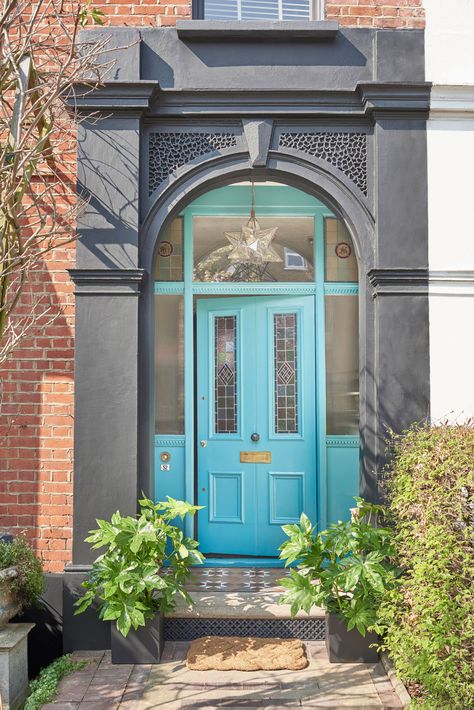 Dulux Teal, Bright Front Doors, Teal Front Doors, Dulux Weathershield, Teal Door, Front Door Ideas, Orange Door, Modern Properties, Painted Front Doors