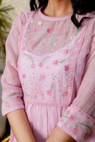 Shop for TATWA Pink Yoke Embroidered Kurta And Pant Set for Women Online at Aza Fashions Yoke Designs For Kurtis, Yoke Embroidery, Dress Designs For Stitching, Kurta Sets For Women, Yoke Design, Kurti Sleeves Design, Pink Kurta, Chanderi Kurta, Silk Pant