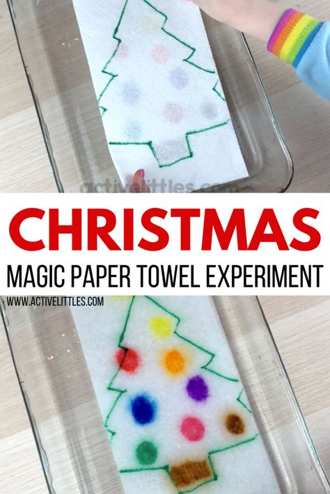 christmas magic paper towel experiment Paper Towel Experiment, Christmas Science Activities, Christmas Stem Activities, Christmas Science Experiments, Nanny Life, Preschool Christmas Activities, Holiday Science, Christmas Science, Winter Activities Preschool