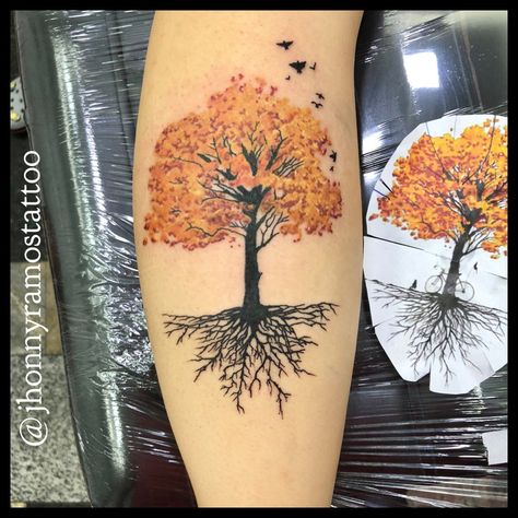 Maple Tree Tattoo, Tree Tattoo Color, Maple Tree Tattoos, Tree Roots Tattoo, Roots Tattoo, Taboo Tattoo, Autumn Tattoo, Mom Tattoo Designs, Mommy Tattoos