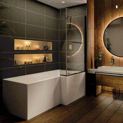 L Shaped Bathroom, L Shaped Bath, Main Bathroom Ideas, Shower Over Bath, Small Bathroom Interior, Bathroom Inspiration Modern, Bad Inspiration, Bathroom Redesign, Small Bathroom Makeover