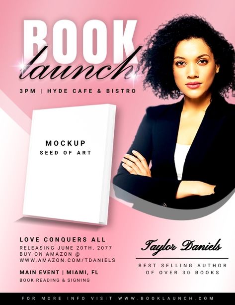 Pink Women's Book Launch Release Flyer, book release launch event flyer, book reading and signing event flyer, pink book launch event flyer advertisement templates, book launch marketing advertisement, customizable downloadable free flyers, book launch templates. Book Launch Poster Design, Book Launch Ideas, Book Launch Event, Template Book, Book Signing Event, Posters Ideas, Female Books, Book Launch Party, Pink Book