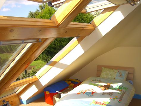 This is a cheaper alternative to veluxs cabrio balcony you lose 2ft of walkable area but will gain over 1k in your pocket. Attic Conversions, Loft Conversion Bedroom, Loft Windows, Eaves Storage, Attic Renovation Ideas, Attic Bedroom Designs, Roof Windows, Loft Conversions, Attic Loft