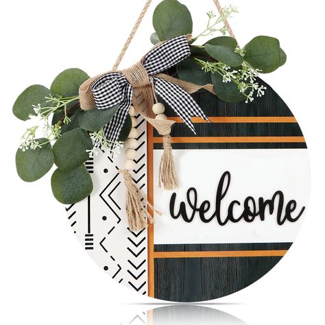 PRICES MAY VARY. 🙋‍♂️Boho 3D Welocme Wreath Sign for Front Door🙋‍♀️——CHDITB welcome sign for front door not only fills wall space and decorates your home, but also fills your home with a warm and hospitable atmosphere.Make your every day a good day. 👍Welcome Sign with Exquisite 3D Design👍----Our rustic farmhouse door wreath sign is designed with a bow, beads and realistic eucalyptus leaves. The word “welcome”is 3D with a thickness of 3mm. Unlike the ordinary wood sign, this has a multi-layer Welcome Home Decorations, Porch Wreath, Farmhouse Front Door, Front Door Porch, Summer Door Hanger, Hello Sign, Fall Door Hangers, Farmhouse Porch, Outdoor Wreaths