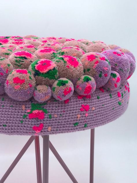 MYK-Berlin — Stool-No.1-multicolor Pin Legs, Yarn Pom Pom, Wool Balls, Brocade Fabric, Metal Projects, Hand Felted, Hair And Beard Styles, Soft Sculpture, Interior Art