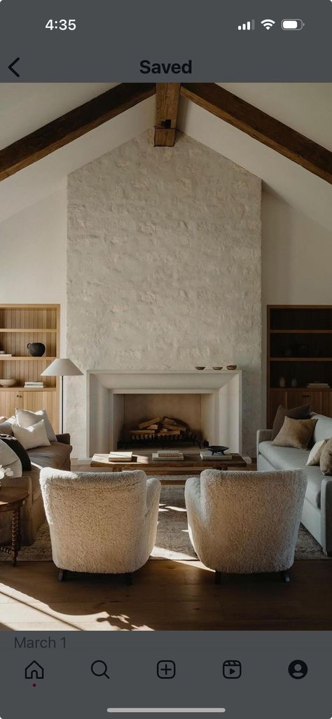 Plaster Fireplace Over Brick, Cannon Ball Fireplace, Cozy Stone Fireplace, Plaster Over Rock Fireplace, Large Fireplace Ideas, French Countryside Living Room, Modern Mediterranean Fireplace, Modern Fireplace Stone, Stucco Chimney