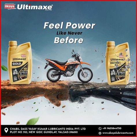 Let's give your vehicle the guaranteed protection for a powerful experience with OKAYA ULTIMAXE 𝐋𝐮𝐛𝐫𝐢𝐜𝐚𝐧𝐭𝐬 even in harsh conditions. OKAYA ULTIMAXE RACER 4T 20W-40 API SM & GOLD 10W-40 API SN are High-performance engine oils for 4-stroke two-wheeled vehicles. This oil is blended from a high viscosity index basestock and contains additives to meet the stated performance criteria. Get more details about our product, connect with us on: 📞 +91 9655844750 🌐 www.okayalubricants.com Car Oil Creative Ads, Engine Oil Creative Ads, Attitude Bio, Posting Ideas, Attitude Bio For Instagram, Performance Engines, Creative Ads, Engine Oil, Lubricant