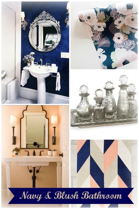 Small Bathroom Makeover – Planning, Part 1 – Life Is Sweet As A Peach Navy And Blush Bathroom, Blue Bathroom Inspiration, Bathroom Navy, Blush Bathroom, Candlelit Bath, Peach Bathroom, Navy Bathroom, Sweet As A Peach, Navy And Blush