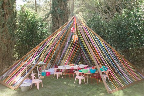 Ribbon tent we created for a Babychella themed 1st birthday party. Visit us at wham-bam-events.myshopify.com Babychella 1st Birthdays, Diy Party Tent, Festival Garden Party, Coachella Theme Party, Coachella Theme, Festival Themed Party, First Birthday Party, Outdoor Party, Festival Party