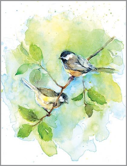 Beautiful blank note card with summer chickadees design. Blank Inside. Folded size: 4.25"" x 5.5" Art by John Keeling Paintings Proudly made in the U.S.A. Birds Watercolor Paintings, Simple Bird Painting, Watercolor Birds Paintings, Watercolour Painting Ideas, Bird Watercolor Art, Bird Watercolor Paintings, Watercolor Birds, Watercolor Flowers Tutorial, Bird Watercolor