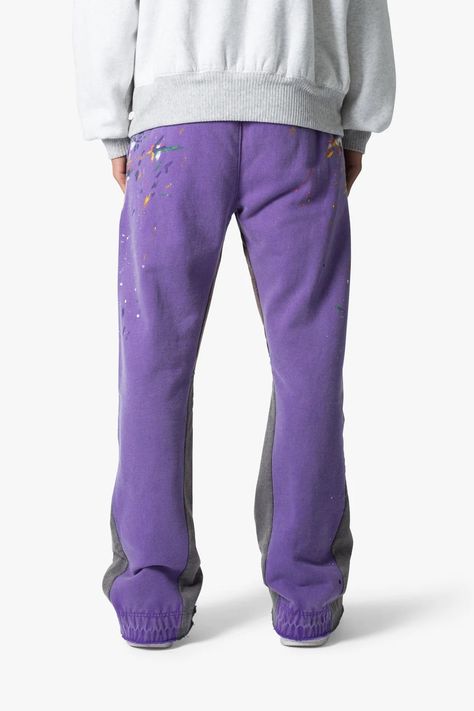 the Contrast Bootcut Sweatpants are designed with a relaxed fit throughout, featuring an elasticized self waist and leg opening, multi-colored paint splatter throughout, and finished with denim and contrasting panels at the inseam and outseam to provide a flare at the leg opening. details relaxed fit flared leg opening Bootcut Sweatpants, Purple Clothes, 140 Lbs, Mohair Sweater, Sweat Pants, Denim Flares, Paint Splatter, White Sweaters, Holiday Fashion