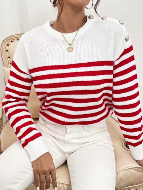 Red Striped Sweater Outfit, Striped Sweater Outfit, Couple Pajamas, Drop Shoulder Sweater, Drop Shoulder Sweaters, Striped Sweater, White Casual, Shoulder Sweater, Red Sweaters