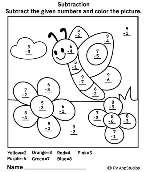 Beautiful butterfly coloring worksheets PDF for kids. Subtract and color printables for FREE. Print and give to kids to enjoy learning with fun. Kids are very excited to color worksheets according to the numbers. It helps them to learn subtraction, develop number sense, refine their fine motor skills with fun. #worksheetfun #freeworksheets #mathisfun #subtraction #prekmath #learningtime #rvappstudios Subtraction Coloring Worksheets, Free Subtraction Worksheets, Basic Subtraction Worksheets, Coloring Worksheets For Kindergarten, Basic Subtraction, Free Math Printables, Subtraction Kindergarten, Math Coloring Worksheets, Math Practice Worksheets