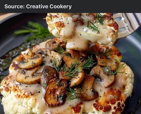 Pescatarian Mediterranean Lifestyle | Cauliflower Steak with Mushrooms | Facebook Soy Sauce Substitute, Mediterranean Lifestyle, Cauliflower Steaks, Sliced Mushrooms, Fresh Parsley, Balsamic Vinegar, Main Dishes, Steak, Stuffed Mushrooms