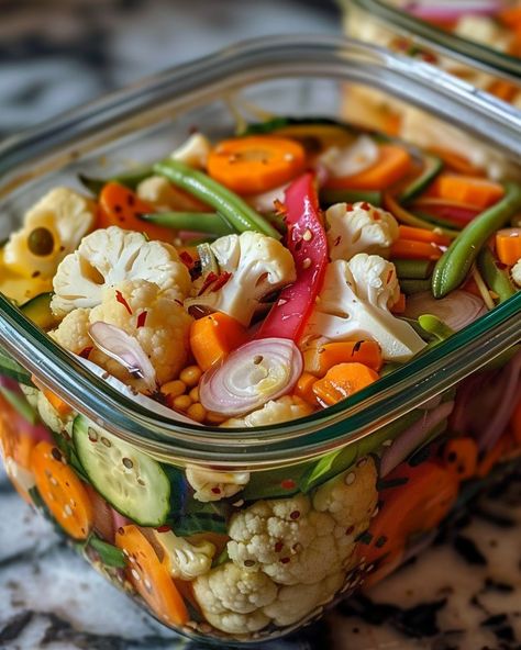 Crunchy Tangy Refrigerator Pickled Vegetables - Miarecipes Canning Spicy Pickles, Refrigerator Pickled Vegetables, Giardiniera Recipe, Veggie Tray Ideas, Brewery Food, Homemade Refrigerator Pickles, Shrimp Avocado Salad Recipe, Pickled Egg, Pickled Vegetables Recipe