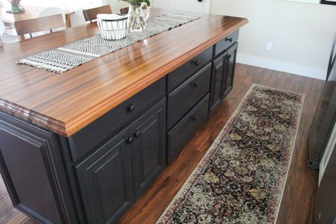 Dark Stained Island, Cabinets With Butcher Block Countertops, Dark Gray Cabinets, Island With Butcher Block Top, Hardwood Countertops, Kitchen Island Plans, Butcher Block Top, Butcher Block Counter, Gray Cabinets