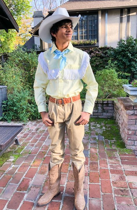 White cowboy hat, Yelloy button up with iron on fringe, khaki pants, mom's boots and a blue neckerchief. White Cowboy Hat, Charlie And The Chocolate Factory, Chocolate Factory, Cowboy Hat, Cowboy Hats, Khaki Pants, Cowboy, Button Up, Boots