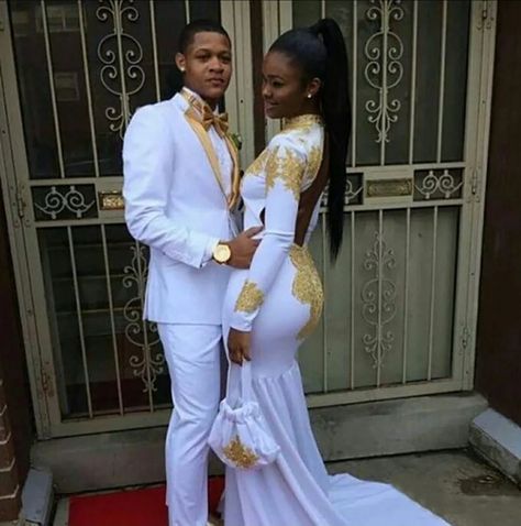 White And Gold Dress Long, Gold Dresses Long, Tuxedo Groom, Couples African Outfits, White Gold Dress, Prom Couples, African Prom Dresses, Gold Prom Dresses, White Suit