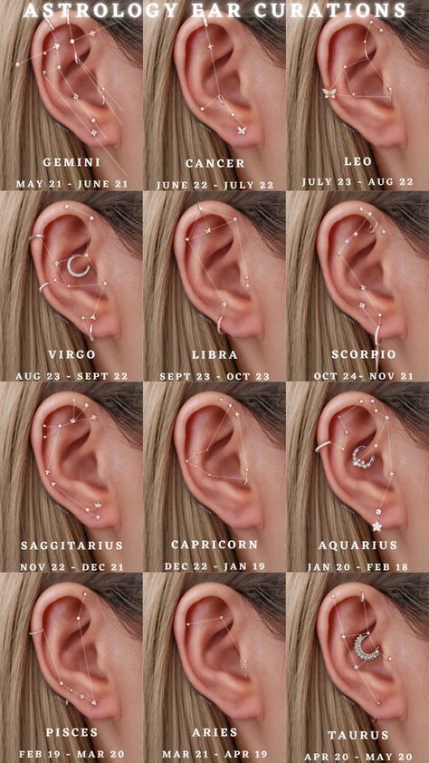 12 Astrology Constellation Ear Piercing Curation Ideas - Impuria Earrings – Impuria Ear Piercing Jewelry Astrology Ear Piercings, Constellation Ear Piercing, Earring Piercing Ideas, Piercing Ideas Cartilage, Ear Piercing Curation, Piercing Curation, Impuria Ear Piercing, Constellation Piercings, Ear Curation