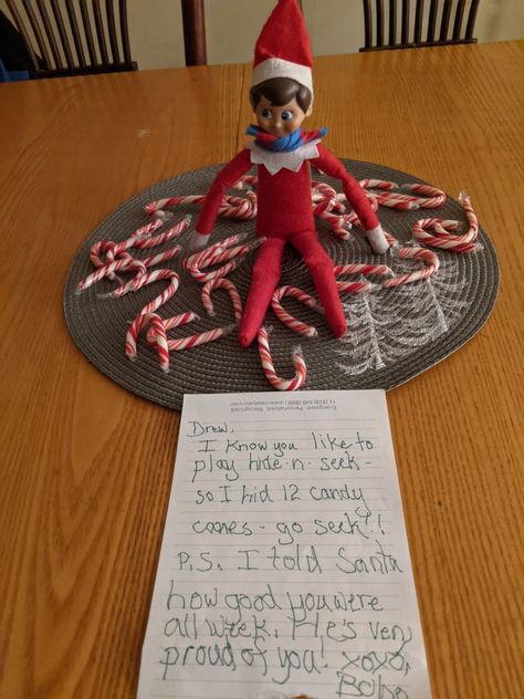 Elf On The Shelf And Candy Canes, Candy Cane Elf Ideas, Elf On The Shelf Ideas Christmas Tree, Elf On The Shelf Candy Cane, Elf On The Shelf Entry Ideas, Elfs Ideas, Candy Cane Hunt, Awesome Elf On The Shelf Ideas, Entry Ideas