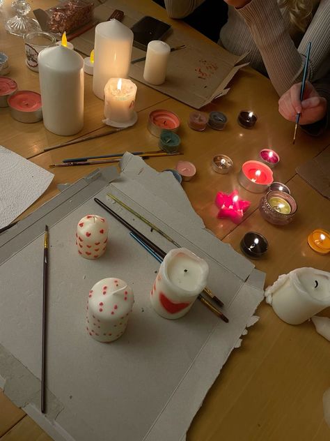 Diy Valentines Date Night At Home, Art Date With Friends, Aesthetic Activities At Home, Birthday Activity Ideas At Home, At Home Dates Aesthetic, Date Night In Aesthetic, Candles Aesthetic Making, Painted Candles Aesthetic, Activities For Friends At Home