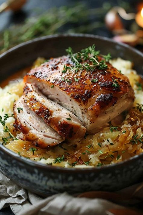 Discover the perfect recipe for a delicious dinner: oven roasted pork and sauerkraut. This classic dish combines tender pork with tangy sauerkraut, creating a flavorful meal that is sure to impress. Whether you choose to use a pork roast, loin, or tenderloin, the result will be juicy and mouthwatering. Try this oven roasted pork roast with sauerkraut recipe for a satisfying meal that your family will love. Baked Pork And Sauerkraut, Pork Loin With Sauerkraut, Roasted Pork Roast, Pork Roast With Sauerkraut, Oven Roasted Pork Loin, Pork And Sauerkraut Recipe, Pork Roast And Sauerkraut, Pork And Sauerkraut, Oven Roasted Pork