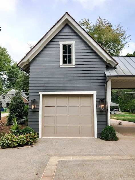 HOUSE BEAUTIFUL..... MODERN FARMHOUSE DETAILS - design indulgence House With Carport And Garage, Garage On Front Of House, Benjamin Moore Iron Mountain Exterior, Shed Garage Ideas, Farmhouse Garage Door, Farmhouse Garage Doors, Cabin Garage, Grey Garage, Farmhouse Details