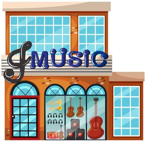 Exterior of large music shop Paper Templates Printable, Shop Window Stickers, Essay Intro, Ap World History, Nursing Research, Shop Illustration, English Fun, Interior Display, Music Shop