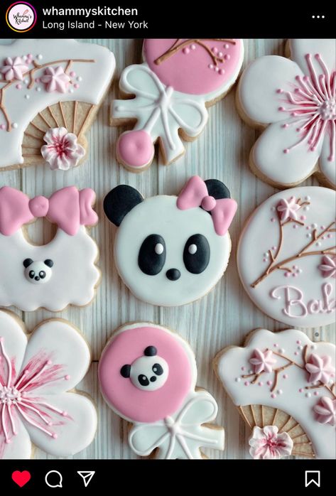 Cherry Blossom Baby Shower Ideas, Panda Baby Shower Ideas, Panda Baby Shower Theme, Baby Shower Decorated Cookies, Ash Baby, Panda Cookies, Panda Baby Showers, Cookies Decoration, Cherry Blossom Theme