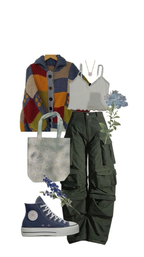 Cargo pants and colorful sweater with floral elements Fall Outfits Cargo Pants, Light Green Cargo Pants Outfit, Light Green Cargo Pants, Outfits Cargo Pants, Green Cargo Pants Outfit, Outfits Cargo, Green Pants Outfit, Outfits Baggy, Cargo Pants Outfit