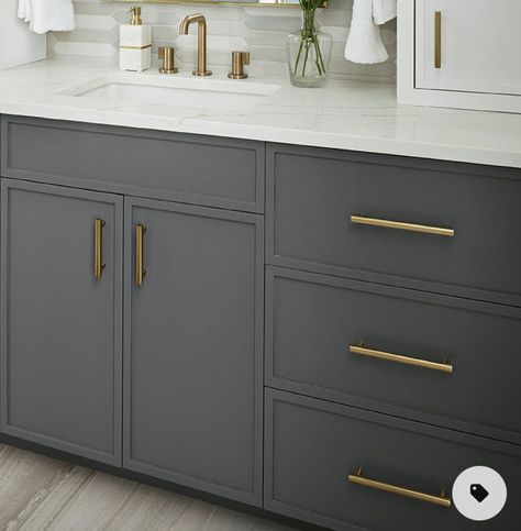 Dark Gray Bathroom Vanity With Gold Hardware, Charcoal Gray Bathroom Vanity, Charcoal Cabinets Bathroom, Charcoal Vanity Bathroom, Delta Champagne Bronze Bathroom, Charcoal Bathroom Vanity, Champagne Bronze Bathroom, Charcoal Bathroom, Farm Bathroom