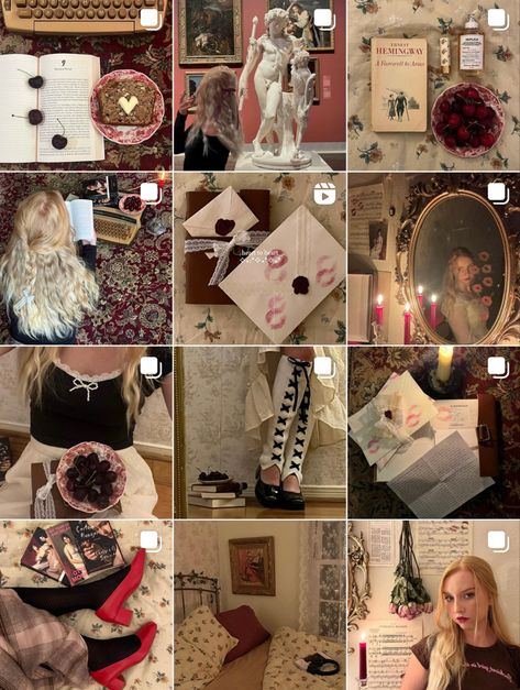 Whimsical Instagram Feed, Burgundy Instagram Feed, Fall Instagram Feed Aesthetic, Coquette Instagram Feed, Ig Feed Ideas Aesthetic, Red Instagram Feed, Casual Instagram Feed, Instagram Feed Goals, Aesthetic Instagram Feed