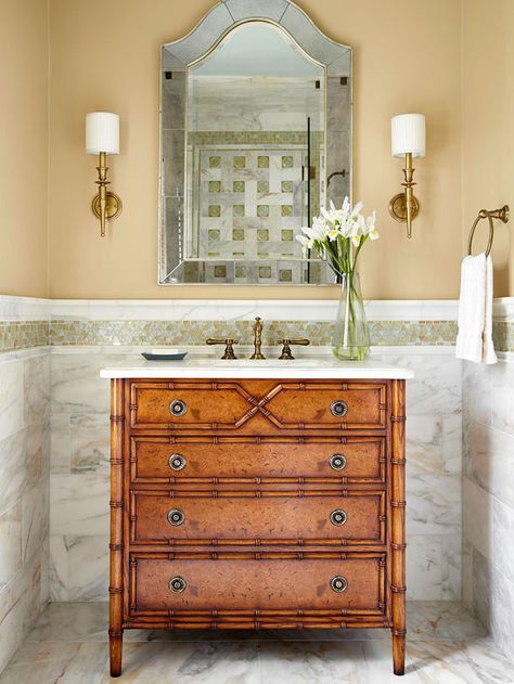 Bathroom Vanity with Mixed Textures Bamboo Vanity, Glass Tile Bathroom, Beautiful Bathroom Vanity, Room Vanity Ideas, Tropical Bathroom, Bathroom Vanity Designs, Elegant Tiles, Dresser Vanity, Small Bathroom Vanities