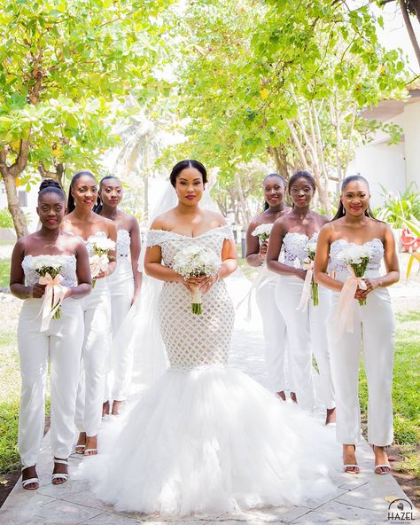 Follow us @SIGNATUREBRIDE on Twitter and on FACEBOOK @ SIGNATURE BRIDE MAGAZINE Bridesmaid Pants, Ivory Dress Short, Chic Bridesmaid Dresses, Bridesmaids Jumpsuits, Orange Bridesmaid, White Bridesmaid, African Wedding Dress, Black Bride, Wedding Parties