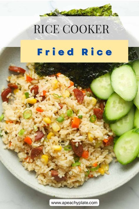 Learn how to cook “fried rice” in your rice cooker with all your favorite ingredients like eggs, Chinese sausage and veggies! This one-pot cooking method doesn’t include any stir-frying, but the rice cooker still infuses the rice with wonderful salty and umami flavors. You’ll love this easy rice cooker method, with the press of a button, you’ll have delicious and healthier fried rice! Get the recipe on www.apeachyplate.com Rice Cooker Recipes Healthy, Rice Cooker Fried Rice, Chicken Stir Fry Rice, Rice With Eggs, Spanish Rice Recipe Easy, Cooking Fried Rice, Sausage And Veggies, Spanish Rice Recipe, Fried Rice With Egg