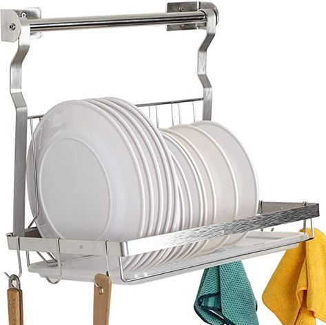 Amazon.com: TQVAI Stainless Steel Hanging Dish Drainer Folding Dish Drying Rack with Rod, Drainboard and Hanging S Hooks - Silver: Kitchen & Dining Wall Mounted Dish Rack, Hanging Utensils, Nest Ideas, Sink Dish Rack, Kitchen Sink Storage, Dish Drying Rack, Over Sink, Long Walls, Dish Drainers