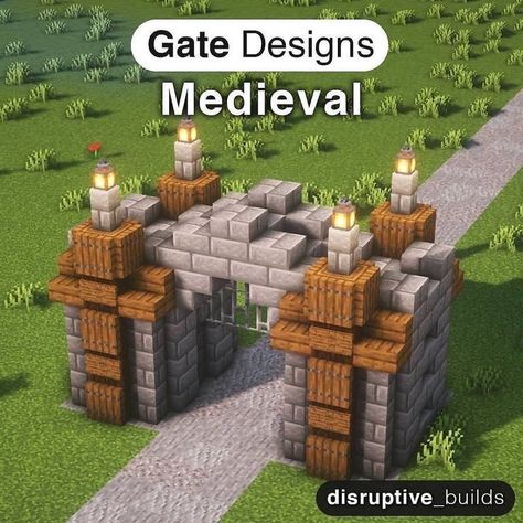 Minecraft Medieval Wall Design, Minecraft Medieval Decorations, Minecraft Gate Ideas, Minecraft Building Ideas Medieval, Minecraft Gate, Minecraft Portal Design, Build A Gate, Château Minecraft, Oak Fence