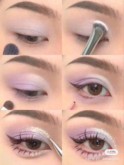 Mothers Day Eyeshadow Look, Cute Makeup Eye Shadow, Makeup Inspo Aesthetic Simple, Ethereal Purple Eye Makeup, Purple Make Up Tutorial, Lavender Douyin Makeup, Korean Purple Makeup, Purple Makeup Prom, Make Up Purple Eyes