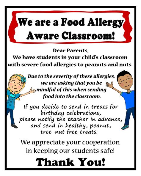 Thriving With Allergies: Food Allergy Aware Letter to Parents Allergy Signs Free Printable, Peanut Allergy Awareness, Food Allergies Awareness, School Nursing, Allergy Awareness, Letter To Teacher, Peanut Allergy, Classroom Signs, Letter To Parents