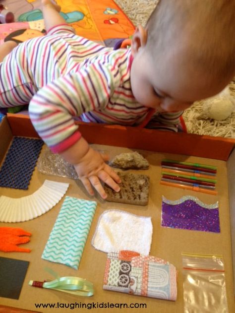 (1) Developmental Domain - Social-Emotional Development (2) Activity Description - Infant's will explore a sensory board on the floor to help strengthen self awareness. As they reach and explore the items on the board, they may become aware of their hands. (3)Appropriate Developmental Indicator and its #: SED 34. The younger infant becomes aware of self. Baby Sensory Board, Diy Sensory Board, Diy Sensory, Baby Sensory Play, Sensory Board, Sensory Boards, Diy Bebe, Montessori Baby, Toddler Play